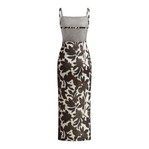 COMMENSE Backless Print Split Zipper Dress COLOR - Brown, Size Small NWT thumbnail 3
