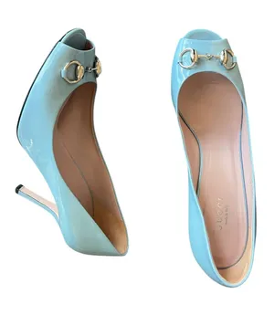 Gucci Women’s Silver Horsebit Light Blue Patent Leather Peep Toe Heels Size 39 thumbnail 1