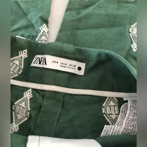 Zara Embroidered Palm Tree Culottes‎ Pants Size S Green White High Waist Linen thumbnail 3
