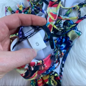 Abstract Plunging Strappy Cheeky Colorful Cutout Bathing Suit thumbnail 11