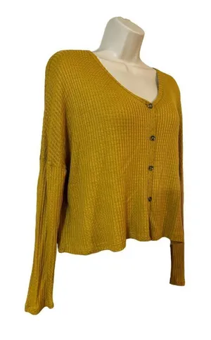 Ambiance Oversized small Long Sleeve Waffle Knit Crop Top Scoop Neck thumbnail 1