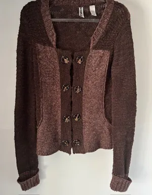 BKE Two Tone Brown Knit Long Sleeve Cardigan L Decorative Buttons Boho Western thumbnail 1