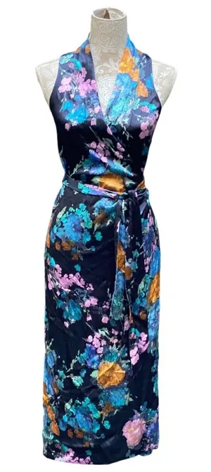 Quiet Luxury Watercolor Floral Bouquet Satin Wrap Maxi Dress Vince Designer XS thumbnail 1
