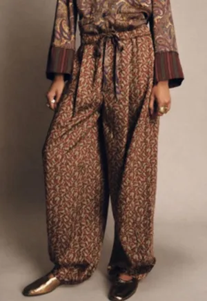 Zara Paisley Print Wide Leg Pants Burgundy Gold Boho Drawstring‎ Large thumbnail 1