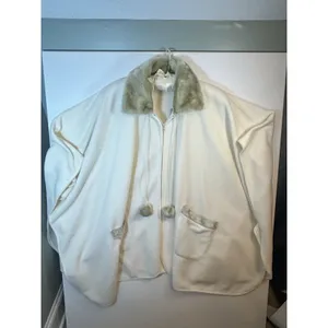 Le Moda Ivory Fleece Faux Fur Trim Zip Cape Poncho Pom Poms Pockets One Size NWT thumbnail 16