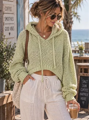 Pilcro Sailcloth Chunky Knit Cropped Pullover Hoodie Womens Size XS Lime Green thumbnail 1