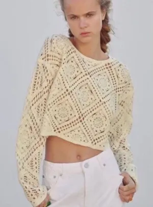 Zara Top Cropped Crochet Sweater Cream Off White Long Sleeve Women’s Size Small thumbnail 1