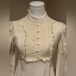 1970’s Prairie-Style Delicate Vintage Cream Puff Sleeves high neck bodice, waist thumbnail 5