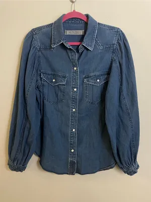 We the Free With Love Denim Top Long Puff Sleeves Western-Boho Size Small thumbnail 2