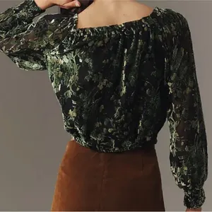 BY ANTHROPOLOGIE Off-Shoulder Burnout Velvet Blouse Green Floral Sz XLarge thumbnail 4