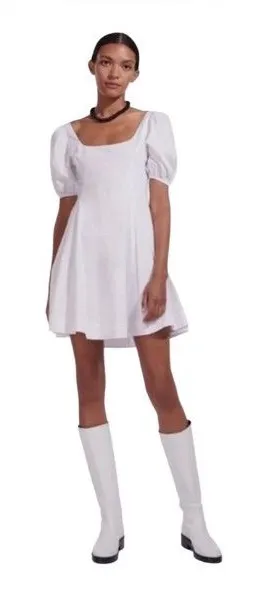 STAUD Laelia Mini Dress White Cotton Lined Puff Sleeves Size 8 thumbnail 1