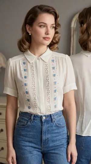 VTG Silk Embroidered Lace Striped Button Back Cottagecore White Top 42 Small thumbnail 1