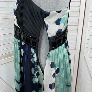 Zara Beaded Silk Pleated Multi Pattern Fit‎ Flare Halter Dress Black Teal Medium thumbnail 9