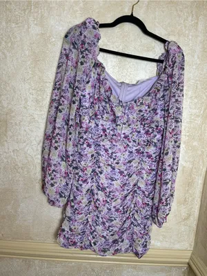 ASTR The Label Floral Ruched Puff Sleeve Mini Dress Purple Sz L Fairy Whimsical thumbnail 12