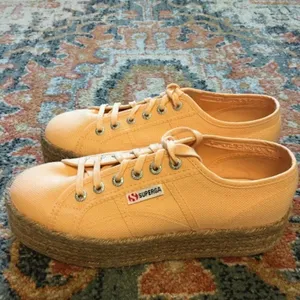 SUPERGA Orange Apricot Peach Linen Platform Rafia Sneakers Shoes EU 38 or US 7.5 thumbnail 5