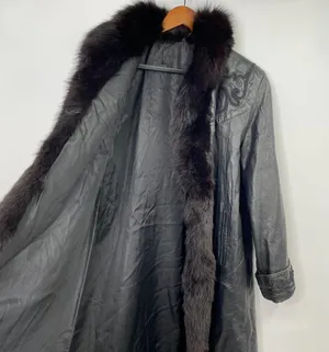 Vintage Leather Penny Lane Style Long Coat Black Real Fur Trim Womens Small thumbnail 4