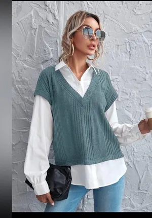 SHEIN Essnce Drop Shoulder Lantern Sleeve 2 In 1 Blouse Size Medium thumbnail 1