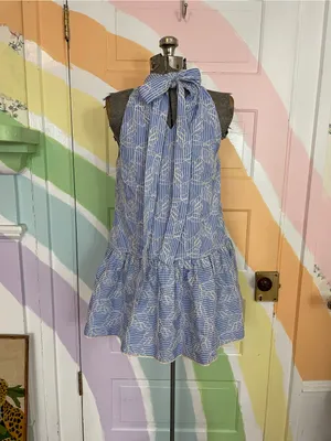 English Factory Blue Striped Embroidered Halter Ruffle Mini Dress Sz XS 🧡🎀 thumbnail 8