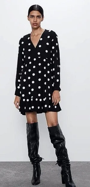 Zara Women's Black White Polka Dot V-Neck Long Sleeve A-Line Mini Dress Size L thumbnail 1