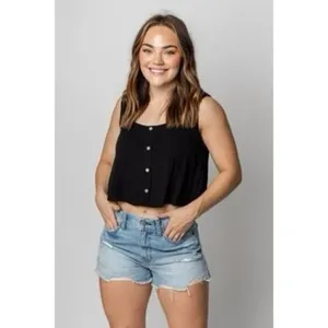 ✨Free People Black Crinkle Button Front Swing Crop Sz Medium Top✨ thumbnail 2
