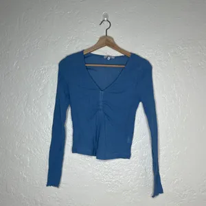 Madewell Semi-Sheer Shirred V-Neck Top Blue Long Sleeve NM647 FA23 Women M thumbnail 2