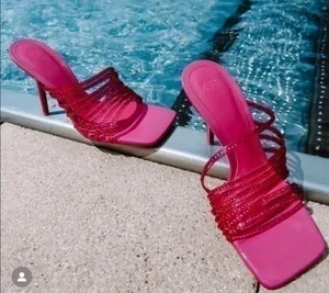 ZARA Hot Pink Rhinestone Embellished Vinyl Sequin Strappy Open Square Toe High Heels Sandals Mules thumbnail 4