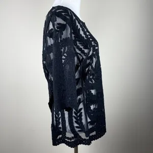 Laundry by Shelli Segal Blouse‎ Large Black Lace Brocade Over Mesh Scalloped Hem thumbnail 5