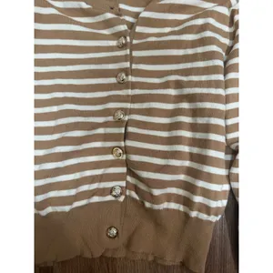 CIDER Striped Button Cardigan Sweater Women Size L Brown White Acrylic Blend‎ thumbnail 3
