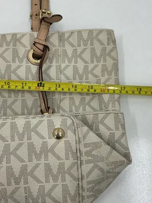 Michael Kors Beige Logo MK Tote with Tan Leather Straps D23 thumbnail 5