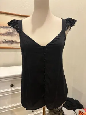 boho Silk Lace Tank Top Black Button Front Flutter Sleeve Camisole Small cami thumbnail 1