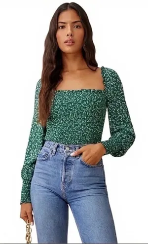 Reformation Green‎ White Floral Smocked Pinto Puff Sleeve Top thumbnail 1