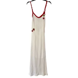NWOT WAYF Cherry Applique Crochet Knit Maxi Dress Ivory Red Size Medium thumbnail 2