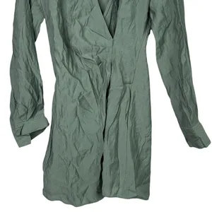Zara Long Sleeve Tunic Wrap Style Mini Dress Collard V Neck Button M Sage Green thumbnail 5