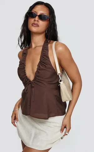Princess Polly Brown Halter Top thumbnail 1