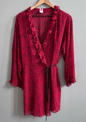 Natori Robe & Nightgown Set Red and Black Leopard Spots Ruffle Size Medium Large thumbnail 1