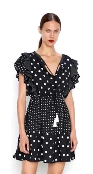 Zara Polka Dot Mini Dress Black White Ruffle Sleeve V-Neck Boho Summer Tassel XS thumbnail 1