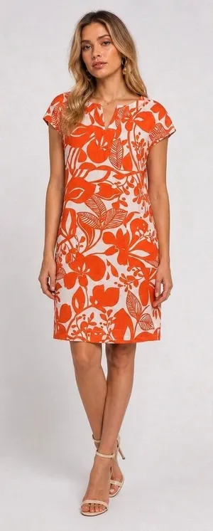 Boden Notch Neck Shift Dress 100% Linen Orange/White Tropical Floral Print‎ thumbnail 1