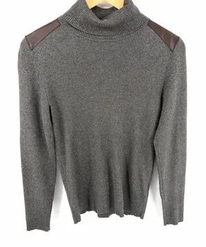 Lauren Ralph Lauren women’s faux leather trim ribbed turtleneck pullover size L thumbnail 1