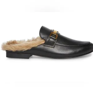 Steve Madden Black Leather Fur-Lined Mule with Gold Horsebit thumbnail 2