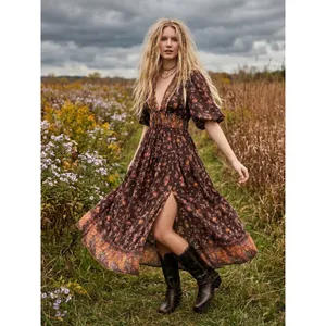 Free People Lysette Maxi Dress Floral Brown Small Bohemian Gypsy Hippie Bells thumbnail 2