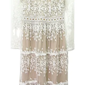 Bohme Lola Lace Midi Dress Small Beige Ivory Embroidered Sheer Long Sleeve Boho thumbnail 4