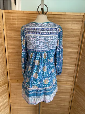 Free People boho Blue Purple Floral Tunic Lace trim Boho Cute 3/4 sleeve medium thumbnail 6