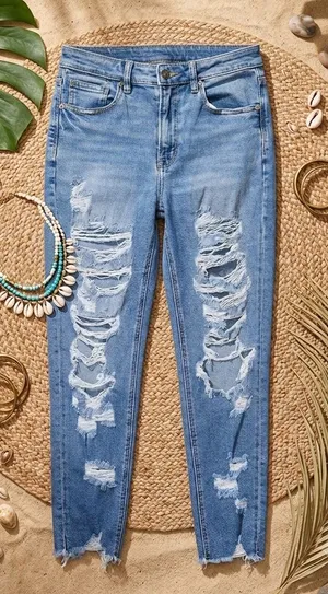 AMERICAN EAGLE High Rise Distressed Mom Jeans with Raw Frayed Hem thumbnail 1