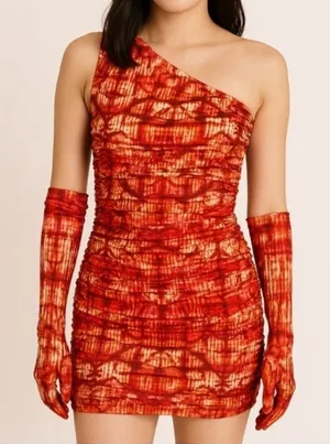 MISCREANTS One-Shoulder Ruched‎ Mini Bodycon Dress Orange Tie-Dye UK 8 / US 4 thumbnail 1