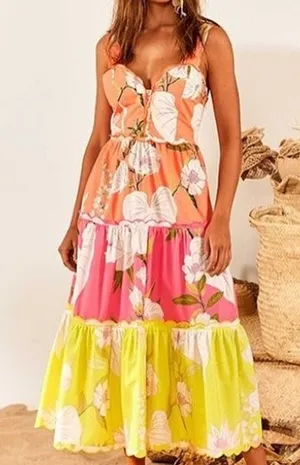 Farm Rio Neon Tiered Garden Midi Dress Sz. L thumbnail 1