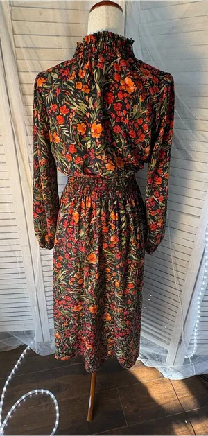 First Love Black Floral Smocked Midi Dress with Red & Orange Flowers thumbnail 1