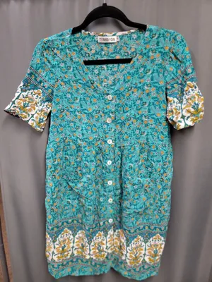 Temofon Summer Mini Dress Women's Medium Blue Floral Print Short Sleeve B82 thumbnail 1