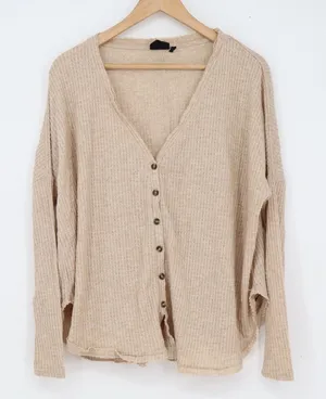 Out From Under Urban Outfitters Waffle Knit Cardigan Beige XS Oversized Thermal thumbnail 1