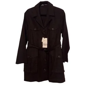 NWT ZARA Dress M women linen blend black button down thumbnail 2