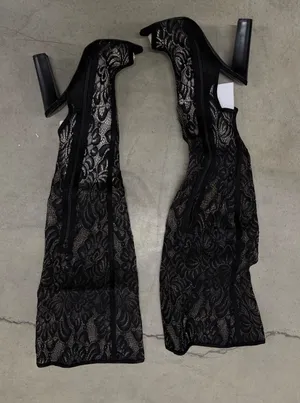 Bamboo Black Lace‎ Over The Knee Boots Open Toe Block Heel Thigh High Size 8.5 thumbnail 1